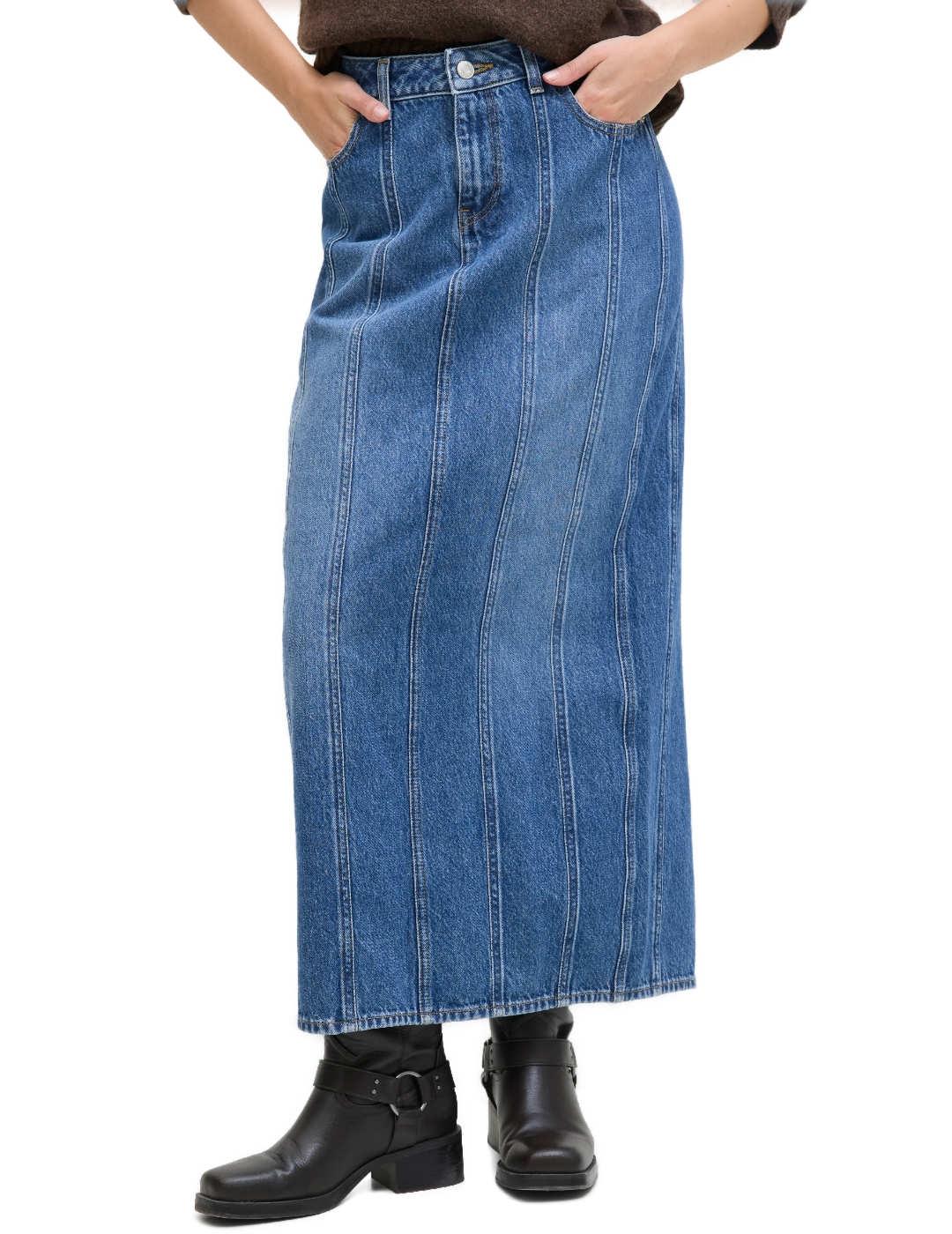 Falda larga JJXX Cana denim azul medio costuras para mujer