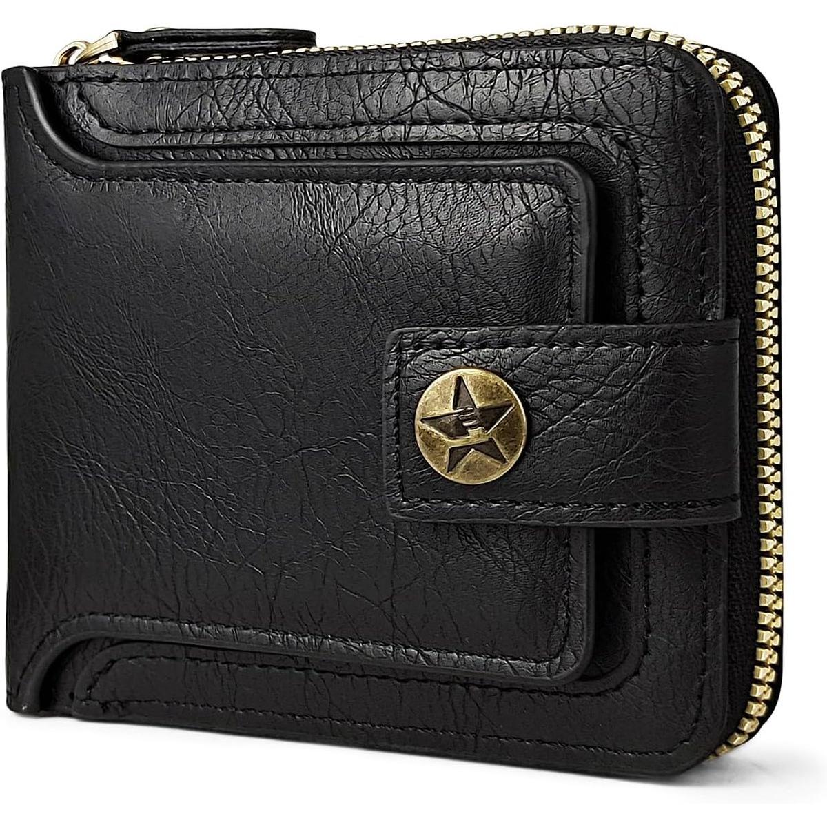 Cartera clásica para hombre - Con 8 ranuras para tarjetas y monedero - Piel sintética negra - Cierre con botón a presión