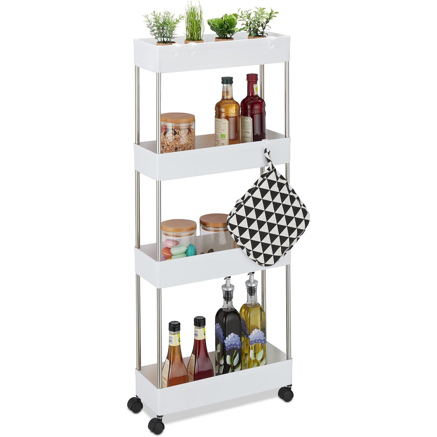 Carrito Organizador de 4 Niveles con Ruedas Giratorias, Estructura de Acero Inoxidable y Bandejas de Plástico, Ideal para Cocina, Baño o Lavandería – Fácil Montaje sin Herramientas