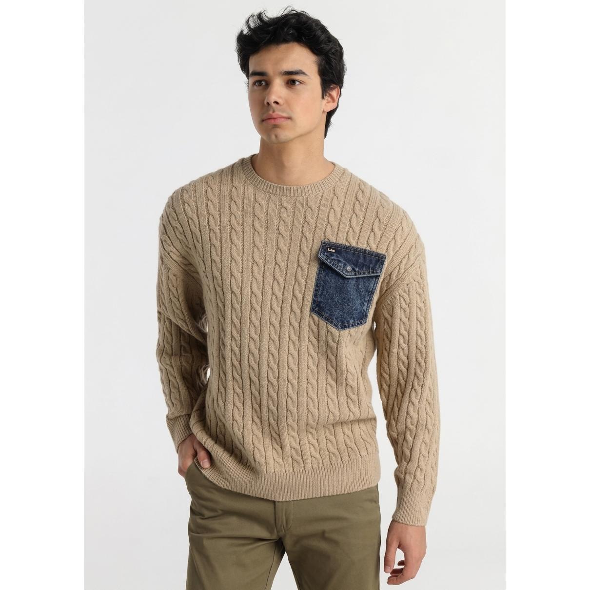 Jersey Hombre Lois Jeans Beige Tostado Cuello Redondo | Suéter Punto Ocho Bolsillo Denim Smart Casual 301614