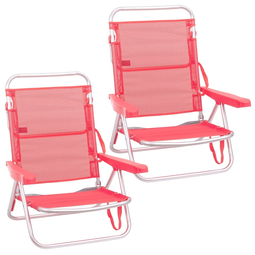 Pack 2 Sillas Playa Plegables Rosa, Ligera, Baja, Reclinable Abatible 4 Posiciones, 61 x 47 x 80 cm, Tubo de aluminio 22 mm. Tela textileno transpirable. Para Camping, Piscina, Terraza MONTY