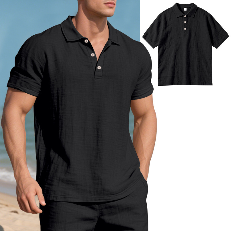CA Camisa POLO de manga corta con solapa y botones, informal, de lino, transpirable, estilo británico, de verano para hombre