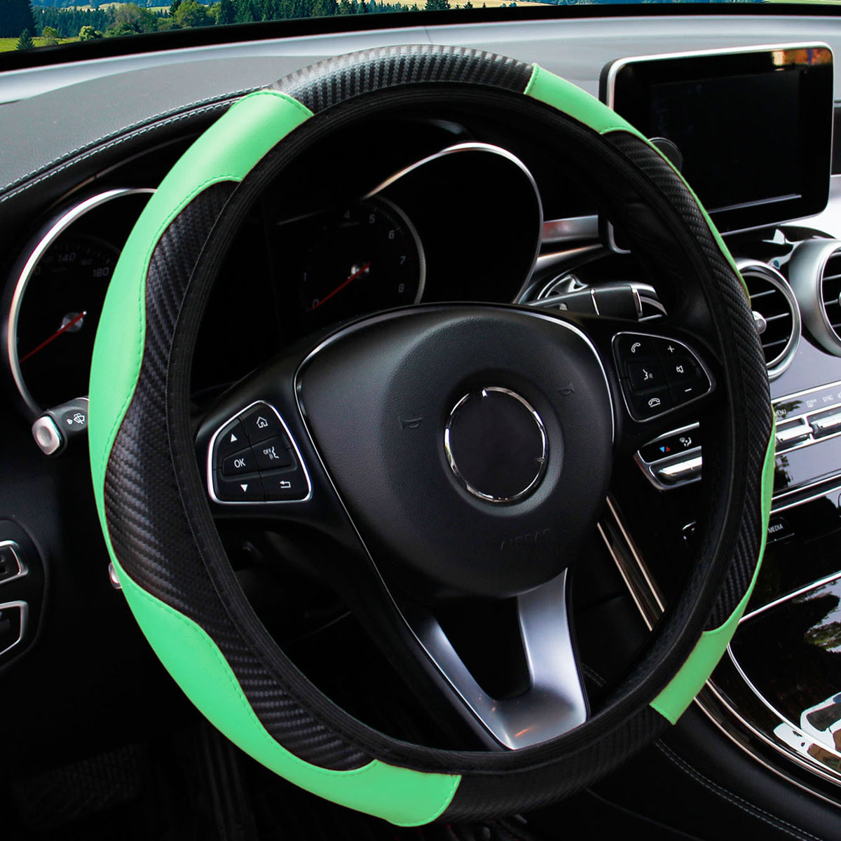 Cubierta De Volante De Coche En Cuero PU Transpirable Antideslizante Adecuada Para 37-38.5cm Decoración Automotriz Fibra De Carbono