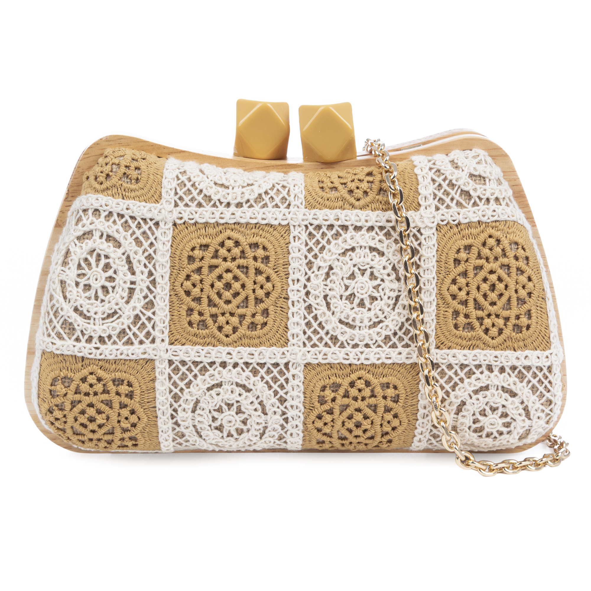 Bonamico Bolso bandolera Mujer. Fabricado en madera natural, algodón y paja trenzada.