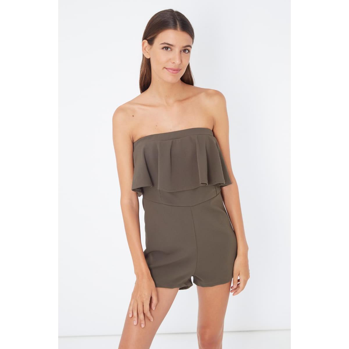 Mono corto mujer strapless, jumpsuit palabra de honor, volante elegante, textura suave, corte ajustado, estilo casual, tendencia urbana, color verde oliva, talla L, destaca silueta, fresco y cómodo. ✅Entrega 24/48h