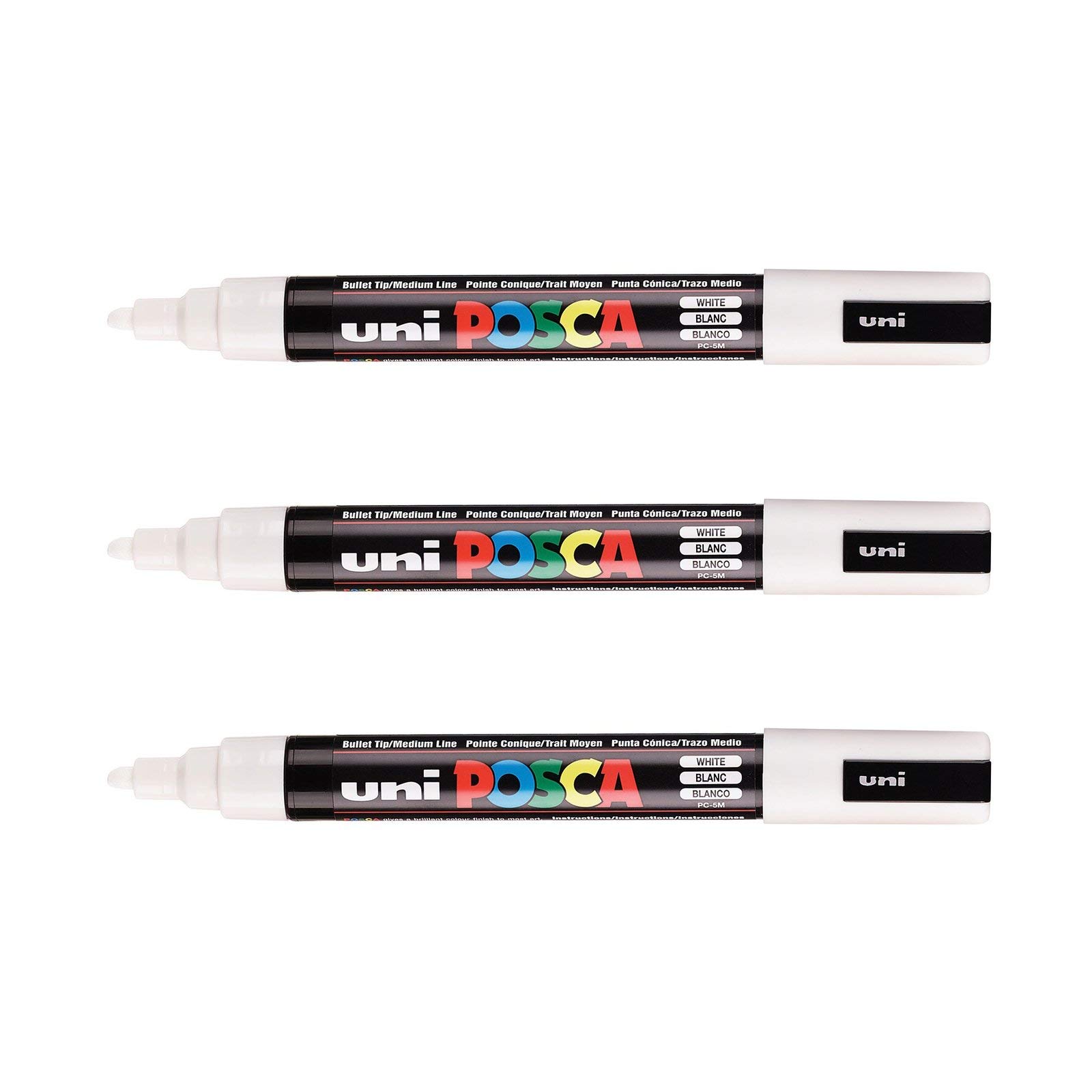 POSCA Mitsubishi Pencil – 3 marcadores blancos PC5M – Punta cónica de punta media – Rotulador de pintura a base de agua – todo soporte – para papel, textil, vidrio, guijarro, madera
