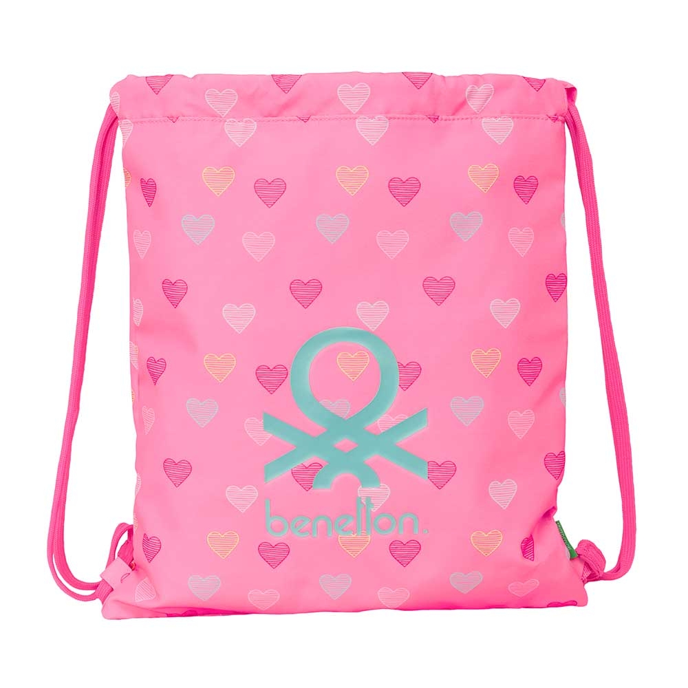Saco Plano Benetton Heart 5L - Bolsa Ligera con Cierre de Cordones y Bolsillo Interior para Colegio o Deporte