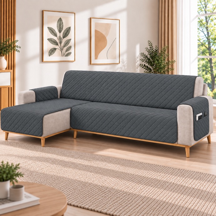 Kynley Protector de Sofá Chaise Longue Acolchado, Funda Cubre Sofá Antideslizante Lavable con Bolsillo, Protector para Mascotas, Chaise Izquierda/Derecha, 2M/2,4M/2,8M
