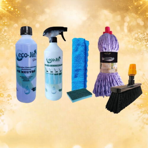 PACK LIMPIEZA ECO-JIN MULTISUPERFICIES FORMADO POR ESCOBA PARA INTERIORES + AROMA A ELEGIR + FREGONA A ELGIR + DIFUSOR + BAYETA Y ESTROPAJO CON ESPONJA