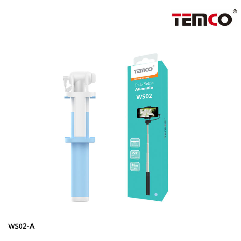 TEMCO Palo Selfie de Aluminio Extensible de 18cm hasta 70cm con Cable Jack Azul, Rosa y Negro, Monopode para Movil con Entrada Aux 3.5mm, Compatible para Moviles con Samsung, Xiaomi, Oppo, Iphone 6 s