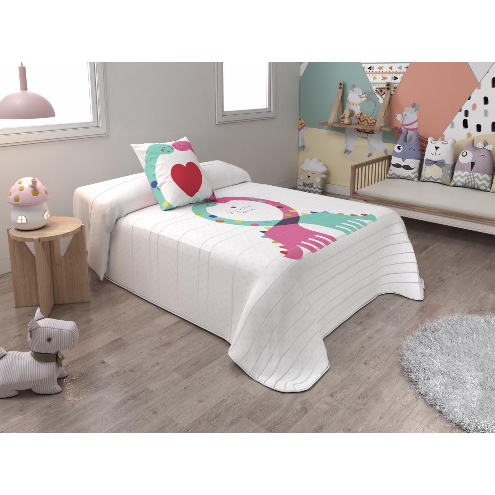 HIPERMANTA. Colcha bouti PRIMAVERA-VERANO modelo JURASSIC + CUADRANTE decorativo 50x50 cm. Para CAMA 90. Medidas: Colcha 180x260 cm + cuadrante 50x50 cm