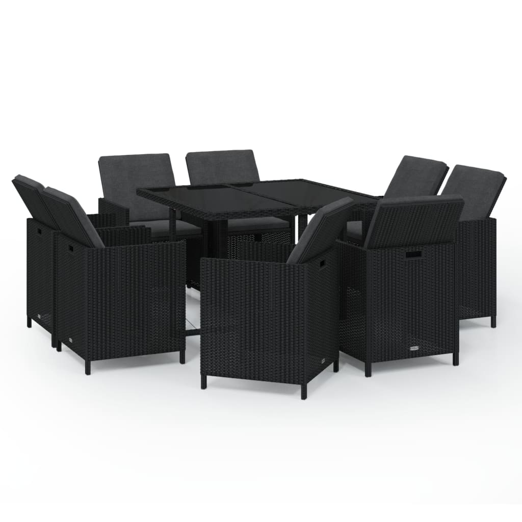 vidaXL Set de comedor de jardín 9 pzas y cojines ratán sintético negro