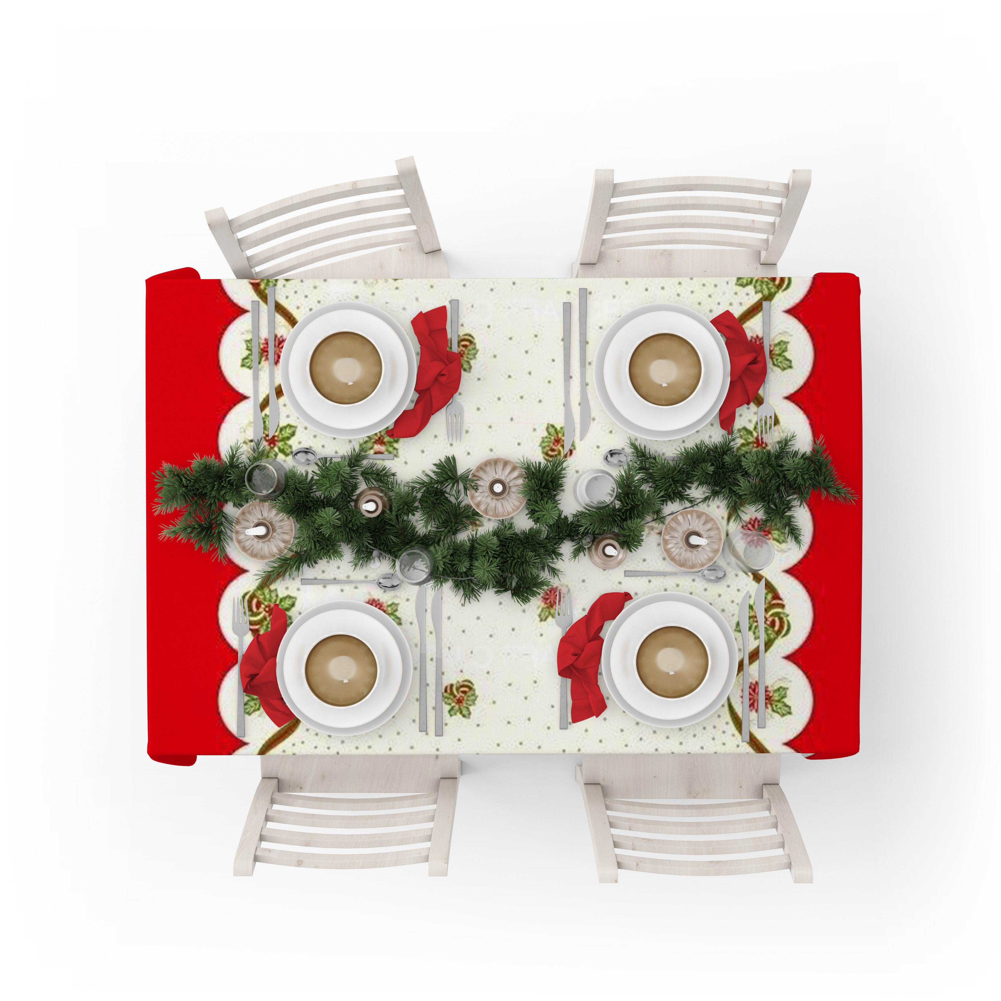 La fabrica de las telas-Mantel Navidad  color blanco y rojo. Dibujos laterales, tela algodón loneta, lavable, suave, tejido de calidad, cuadrado y rectangular.Decoración hogar, cocina, salon ,comedor, balcón. NOche buena, navidad, noche vieja.