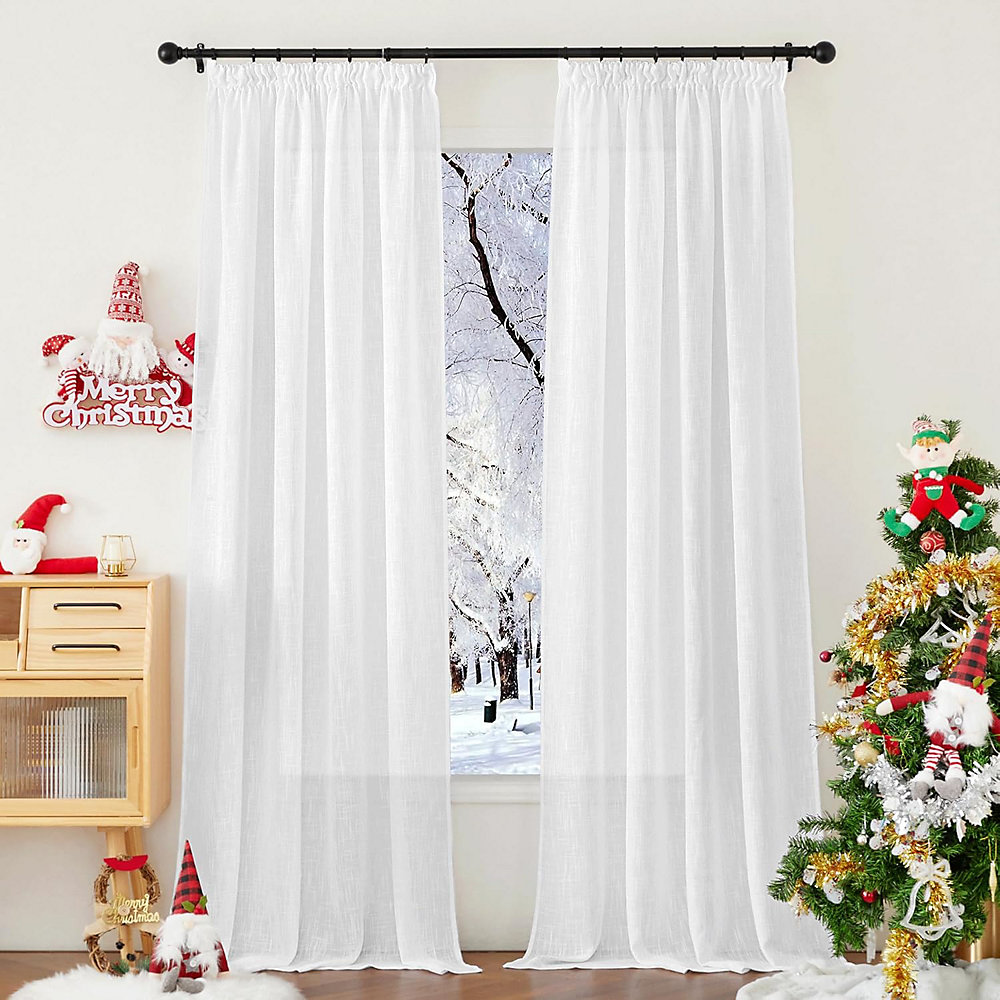 CA Cortina de tul de lino con borde plisado, suave, para sala de estar y hotel, juego de 2 piezas, 137 x 228 cm, color blanco
