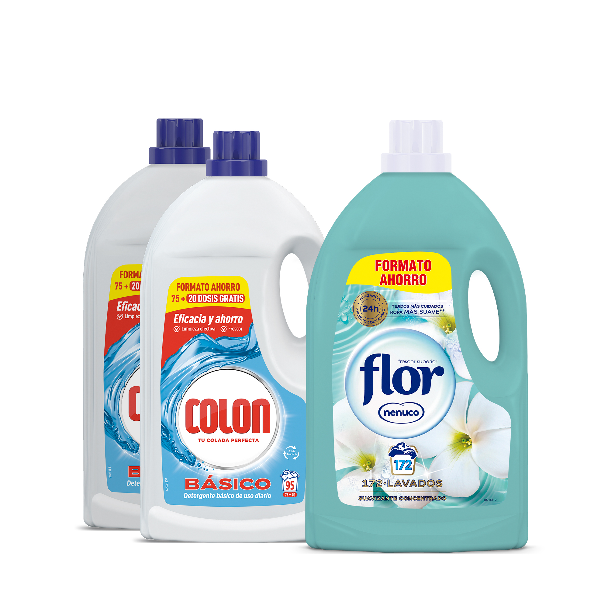 Colon Gel Básico Detergente para la Lavadora, 190 Lavados (Formato 2x95) + Flor Suavizante Aroma Nenuco 172 Lavados, Ropa Blanca y Color, Limpieza Eficaz y Suavidad Hipoalergénica, Fragancia Fresca y Duradera