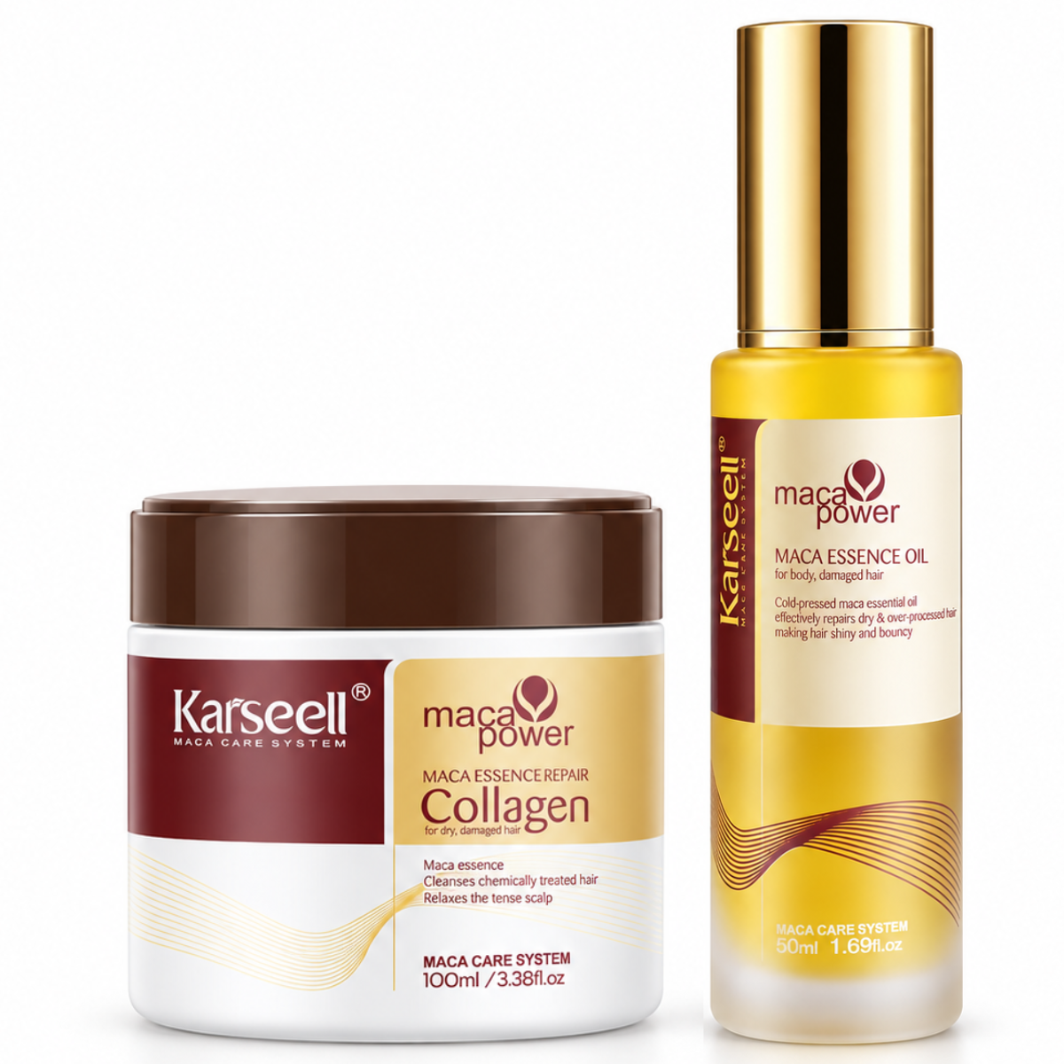 KARSEELL Pack Mascarilla Capilar Colágeno 100ml + Aceite de Argán 50ml Coco Manteca de Karité Proteínas de Trigo Aguacate Reparación Profunda Hidratación Intensa Anti-Frizz Cabello Seco y Dañado Profesional Formato Viaje Gimnasio Sin Sulfatos