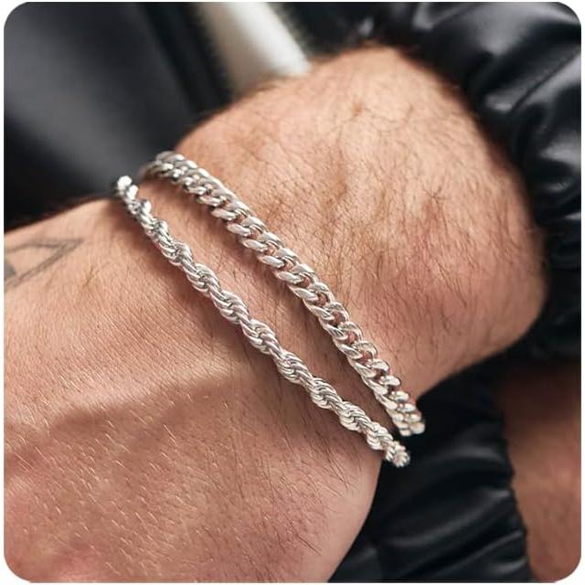 Juego de 2 pulsera de Cadena para hombres y Mujeres: Plata de Ley 925 de 7 A 9 pulgadas para hombre, pulsera de Esnabones Cubanos,