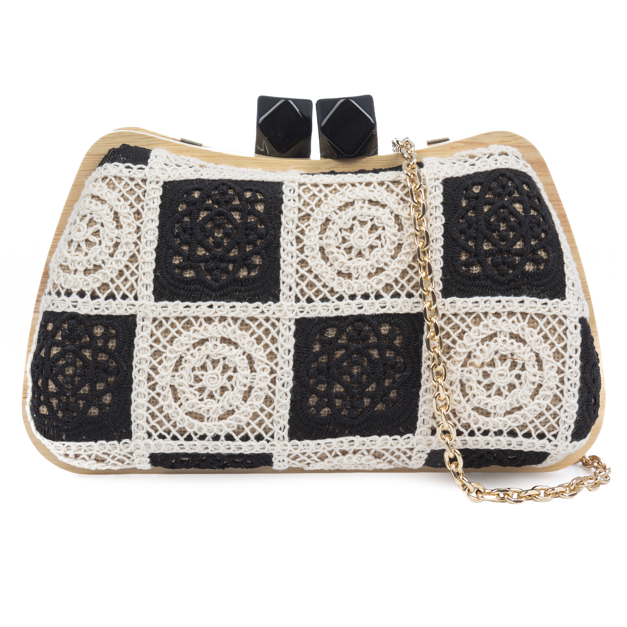 Bonamico Bolso bandolera Mujer. Fabricado en madera natural, algodón y paja trenzada.