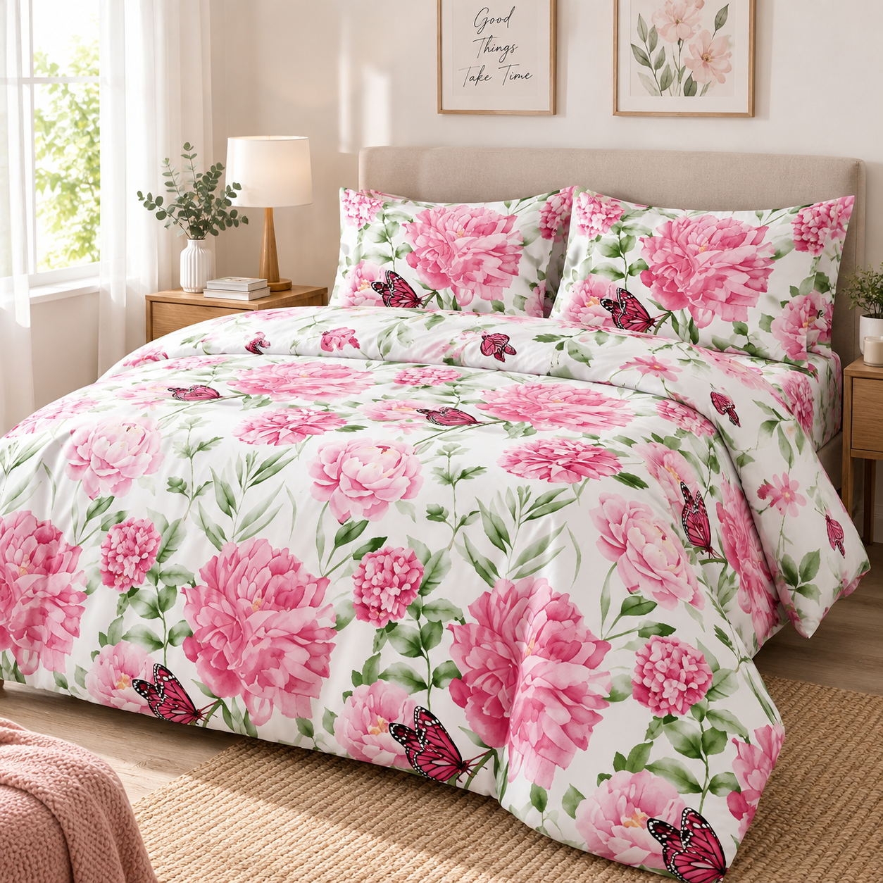 Juego de Funda Nórdica 4 Piezas con Diseño Floral, Incluye Funda de Edredón con Cremallera, Sábana Bajera Ajustable y 2 Fundas de Almohada, Juego de Cama Suave y Cómodo para Cama 135/150 cm