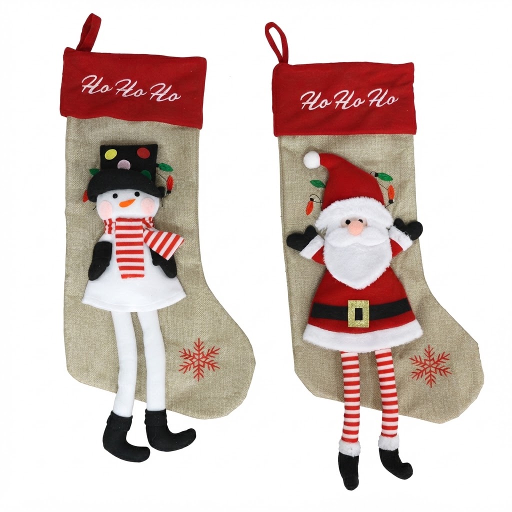 Set de 2 Calcetines Navideños, Botas de Navidad Colgantes – Diseños Navideños con Estilo en Tela de Cáñamo (28x54 cm), Estilo Pie de Elfo (24x40 cm) y Estilo Navideños 3D de Elfo con Lentejuelas (26x45cm) - Gerimport