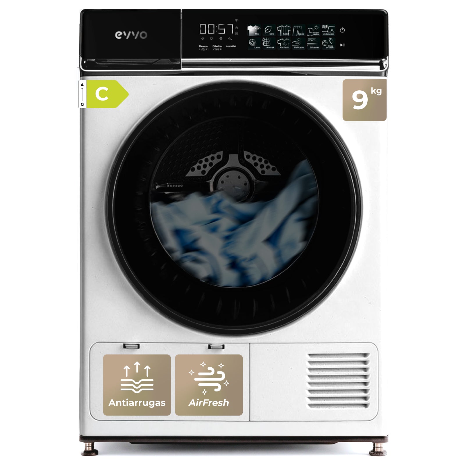 EVVO Secadora Serie 3 D, Bomba de calor, 9 kg, Clase E, 12 programas, Sensor de Humedad, Antiarrugas, Blanco