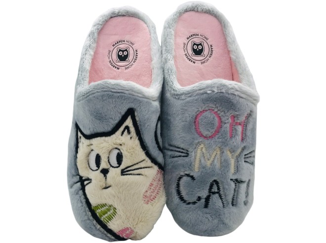 Zapatilla Casa Mujer Marpen Slippers: Gato Bordado, Mule Sin Cierres, Interior Rosa, Otoño-Invierno 2026/2027