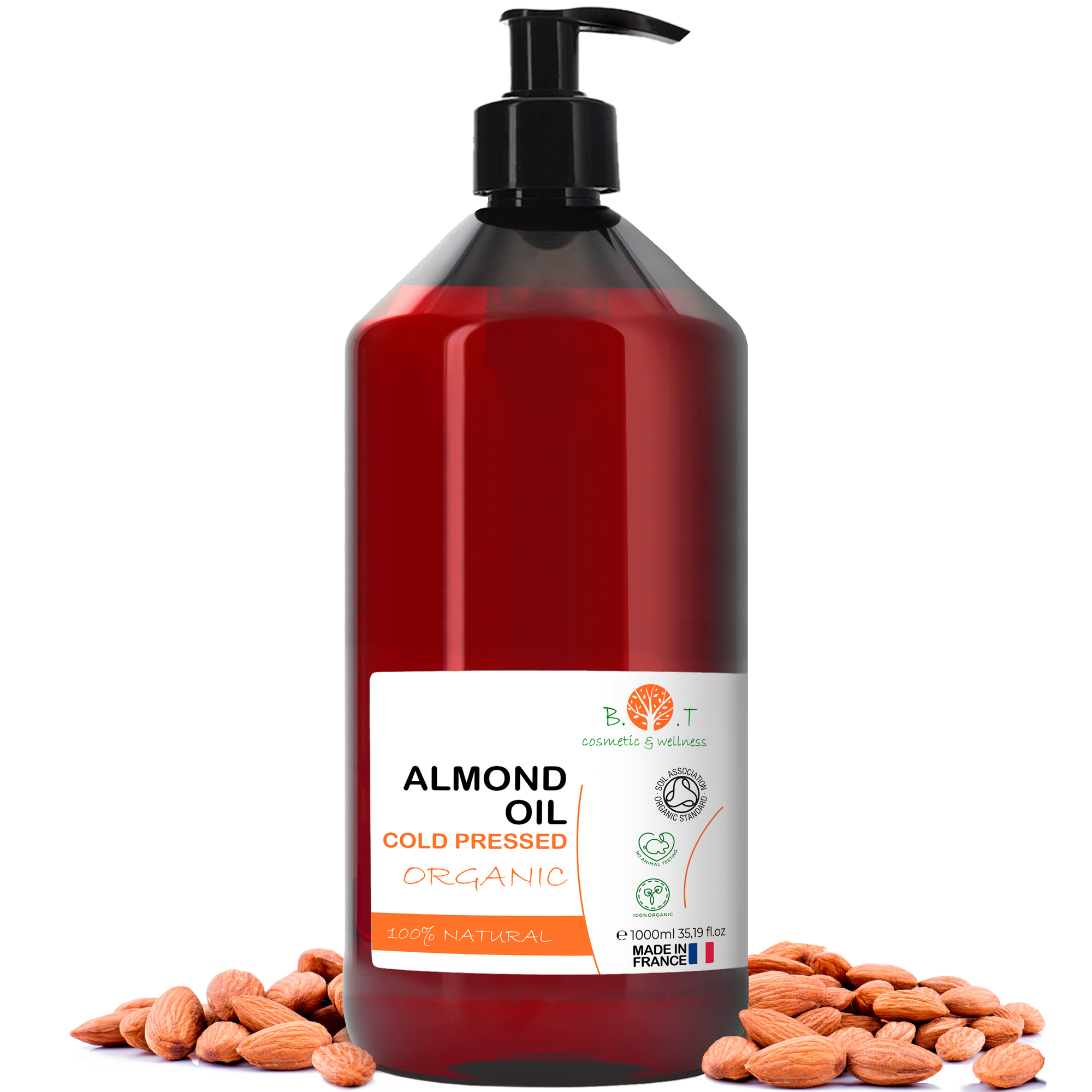 B.O.T Cosmetics & Wellness - Aceite de Almendras Orgánico Prensado en Frío | Puro y Natural | Aceite de Masaje Profesional para Cuerpo, Rostro y Cabello
