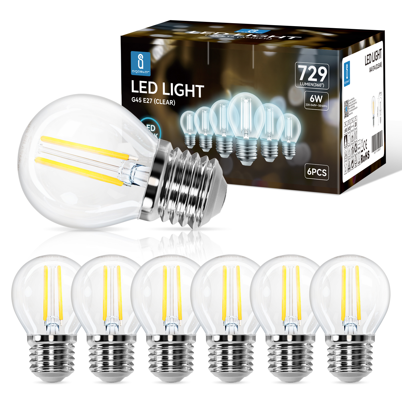 Aigostar G45 Bombillas Filamento Led E14/E27, 2200K/2700K/6500K, 4W/6W/8W, Bombilla retro vintage, No regulable, Pack de 6 Unidades