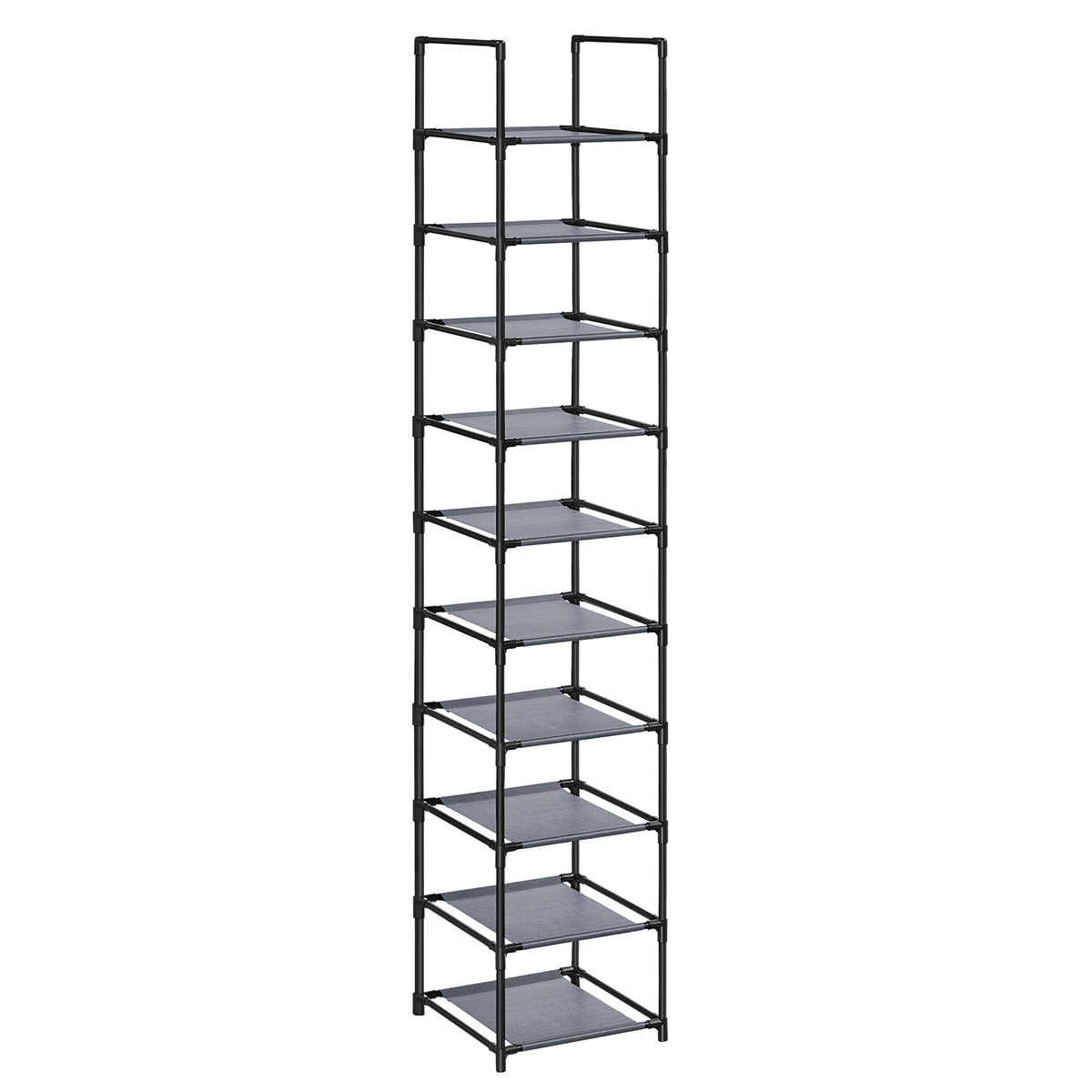 SONGMICS Zapatero, Organizador Zapatos,10 Baldas, Zapatero Abierto Estrecho, 33 x 33 x 173 cm, Marco de Metal, Estantes de Tela no Tejida, para Pasillo, Dormitorio, Negro/Gris