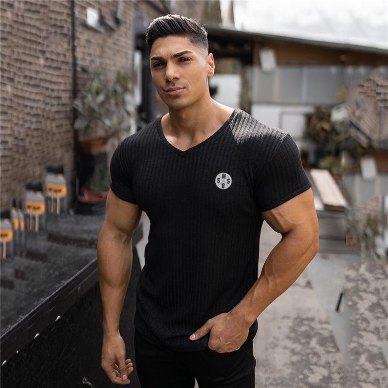 TK Men Short Sleeve Casual Slim Fit Workout Shirts Striped Elastic Knitted Quick Dry Tops Gym Bodybuilding Fitness Muscle T-shirts