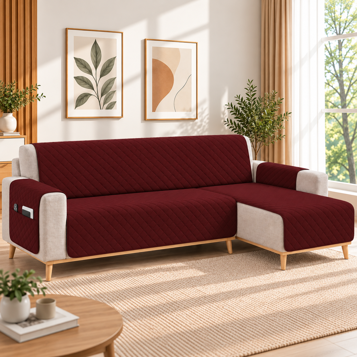 Kynley Protector de Sofá Chaise Longue Acolchado, Funda Cubre Sofá Antideslizante Lavable con Bolsillo, Protector para Mascotas, Chaise Izquierda/Derecha, 2M/2,4M/2,8M