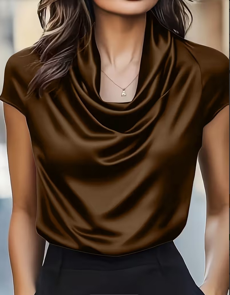 TK Blusa De Satén Elegante Para Mujer Verano Cuello Bajado Manga Corta Ajustada Casual Oficina Top Lady Sin Estirar Polyester