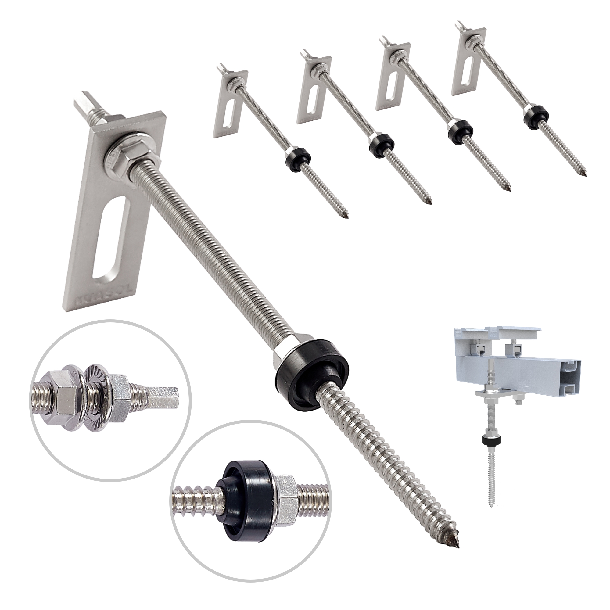 NuaSol Acero inoxidable 4x M10 x 250mm Tornillo doble rosca con placa adaptadora
