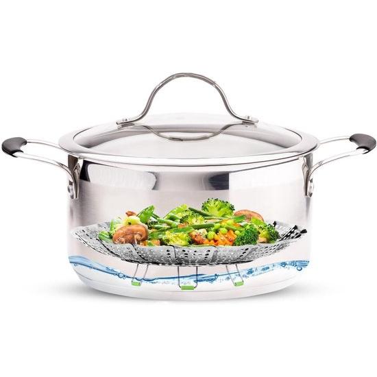 Vaporera para verduras - Cesta vaporera - Vaporera de acero inoxidable - Se adapta a todas las sartenes - Retráctil - Ajustable - Revestimiento de vapor plegable - Con mango telescópico - Plateada