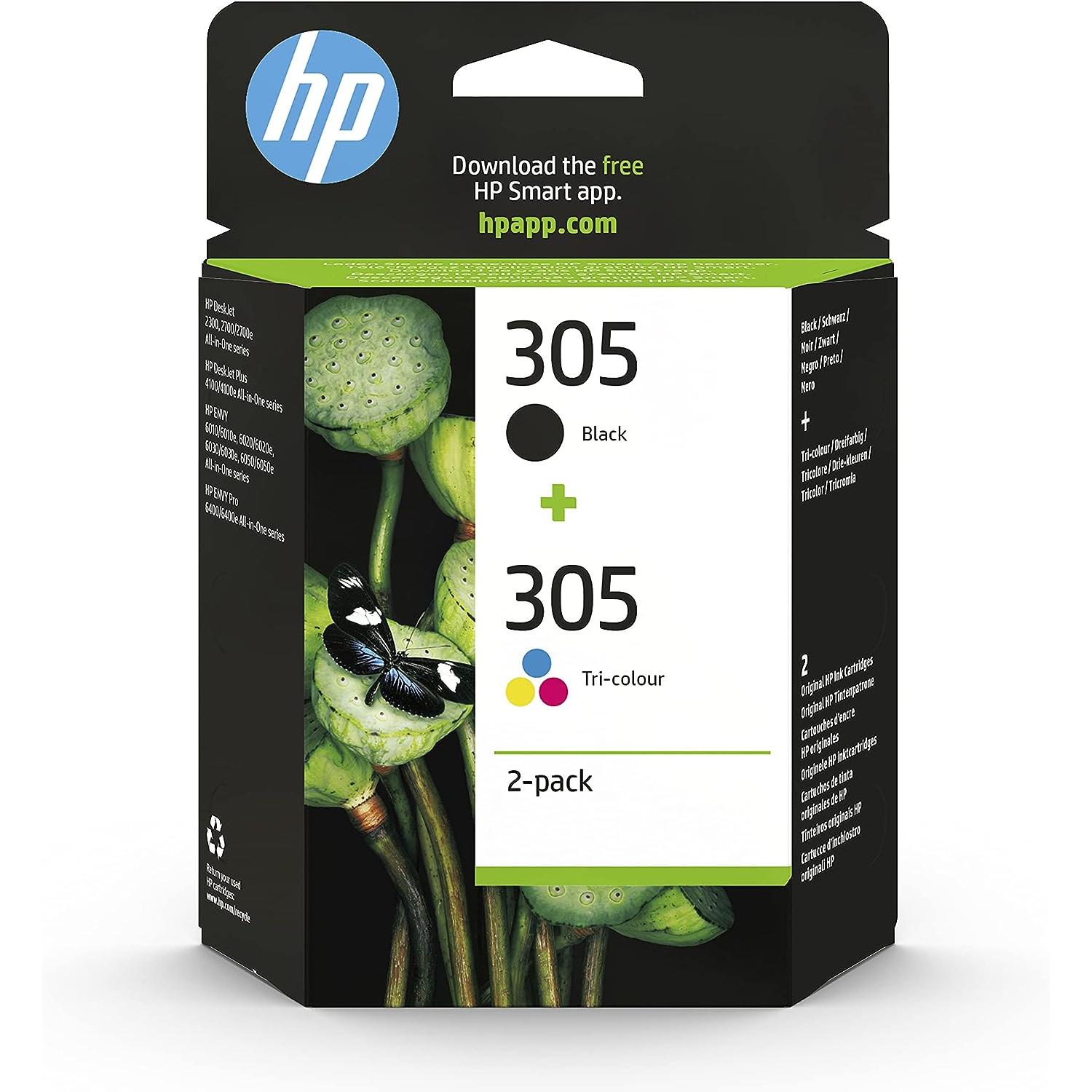 HP 305 6ZD17AE, Negro y Tricolor (Color) Cartuchos de Tinta Originales, Pack de 2 | Compatible con Impresoras de Inyección de Tinta HP DeskJet 2822, 2810, 2820, 2710, 2720, 2721; HP DeskJet Plus 4110, 4120, 4130; HP Envy 6020, 6030, 6400, 6430, 6520e