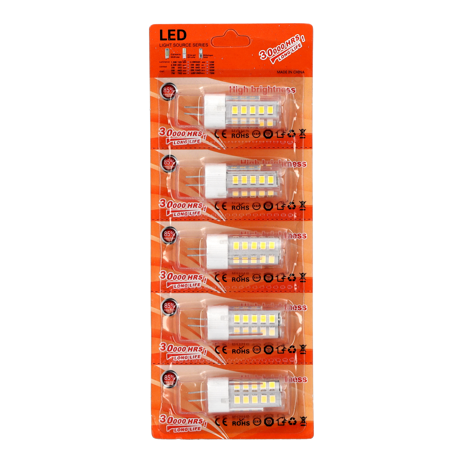 Jandei - Pack X5 Bombillas LED 12V DC G4 5W 400 Lúmenes 12mm Ø 46mm Largo Total con Pines Protección IP20