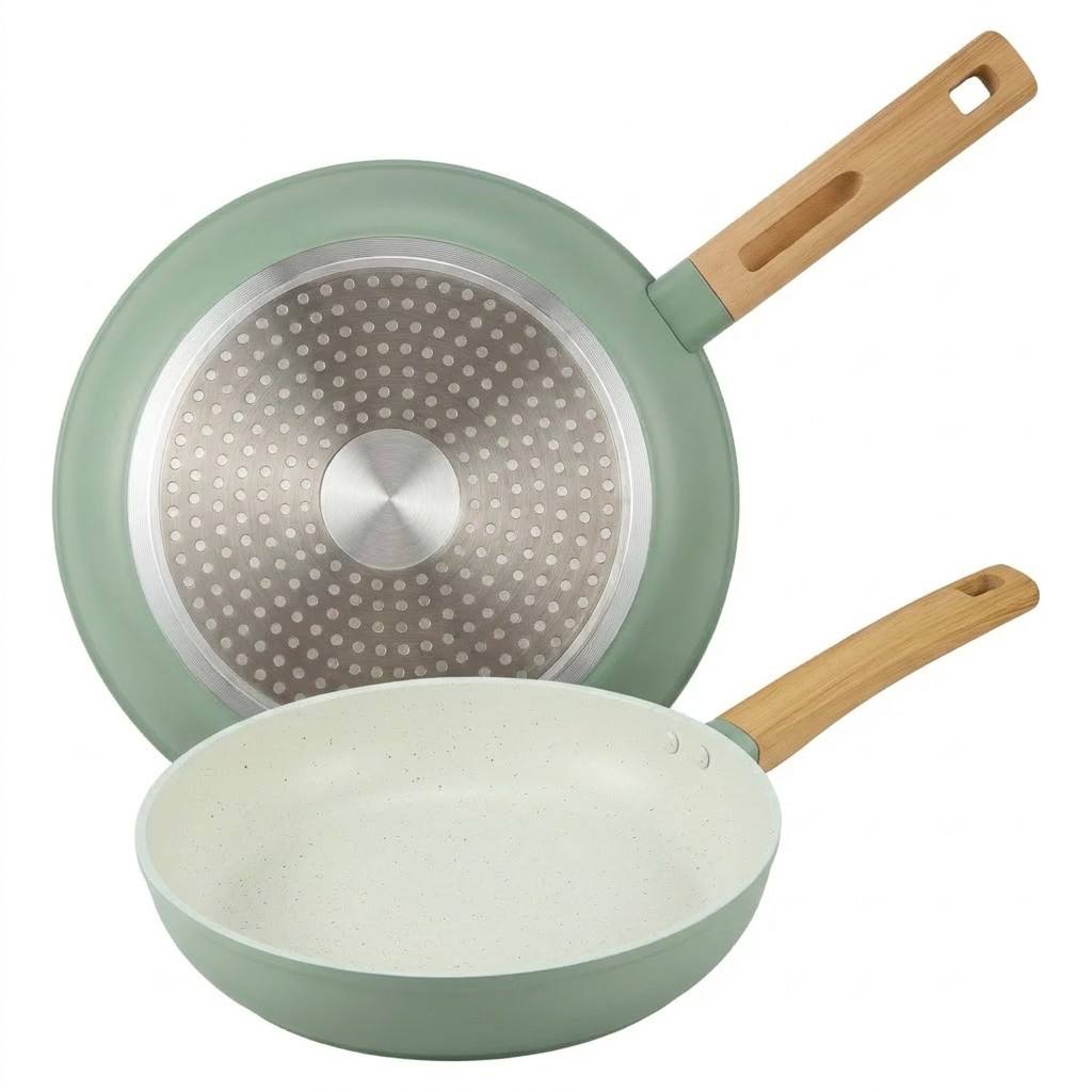 Juego de 2 sartenes antiadherentes de granito natural triple capa SGS certificado, aluminio forjado, compatibles con inducción y gas, colores verde menta, Happy Friends