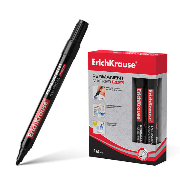 Erichkrause marcador permanente p-200 - punta en forma de bala - resistente al agua y a los rayos uv - color negro (12 uds)