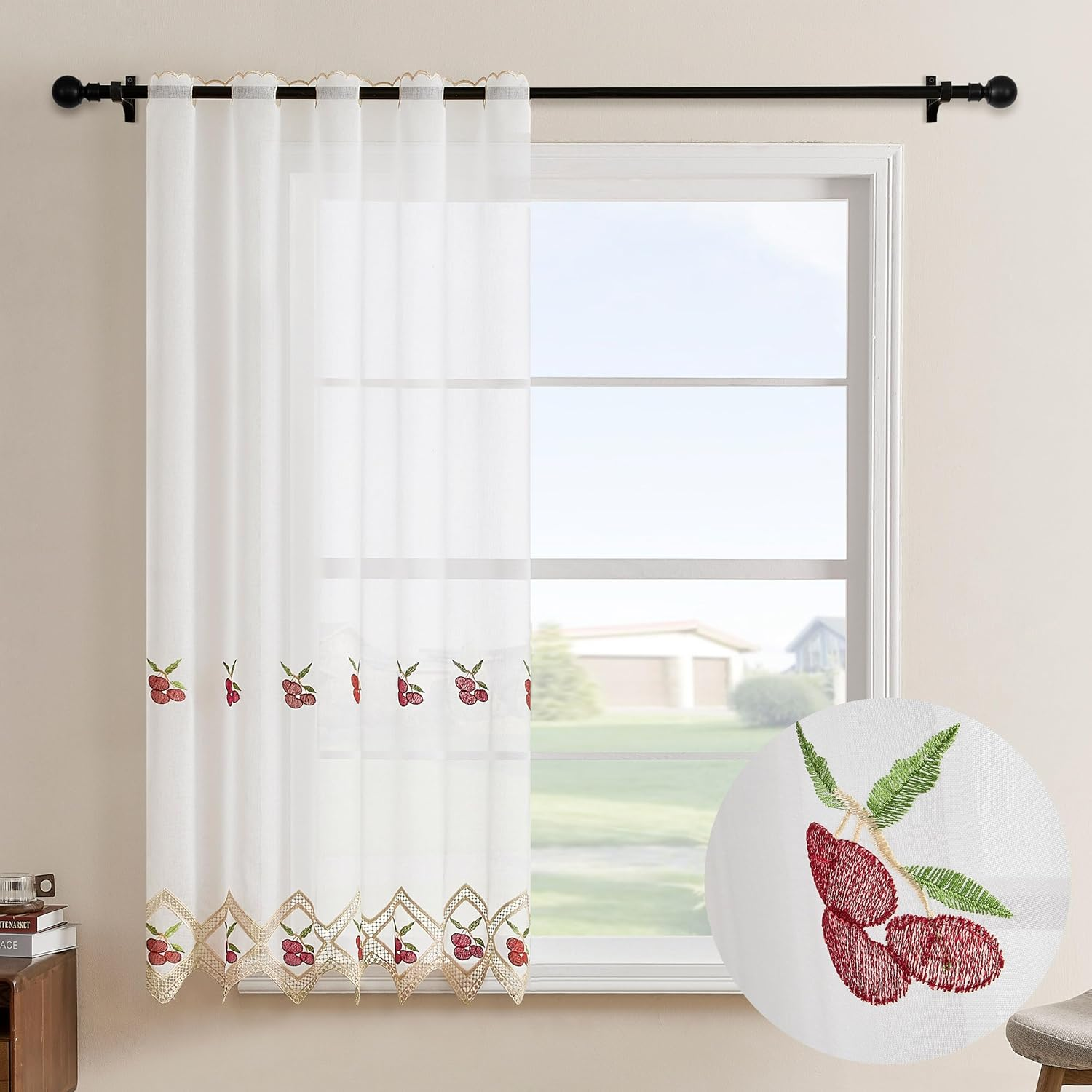 Cortina de Cocina Transparente con Bordado Floral, Visillo de Encaje Decorativo, Cortina Corta para Ventana, Estilo Campestre, 105x140 cm / 150x140 cm