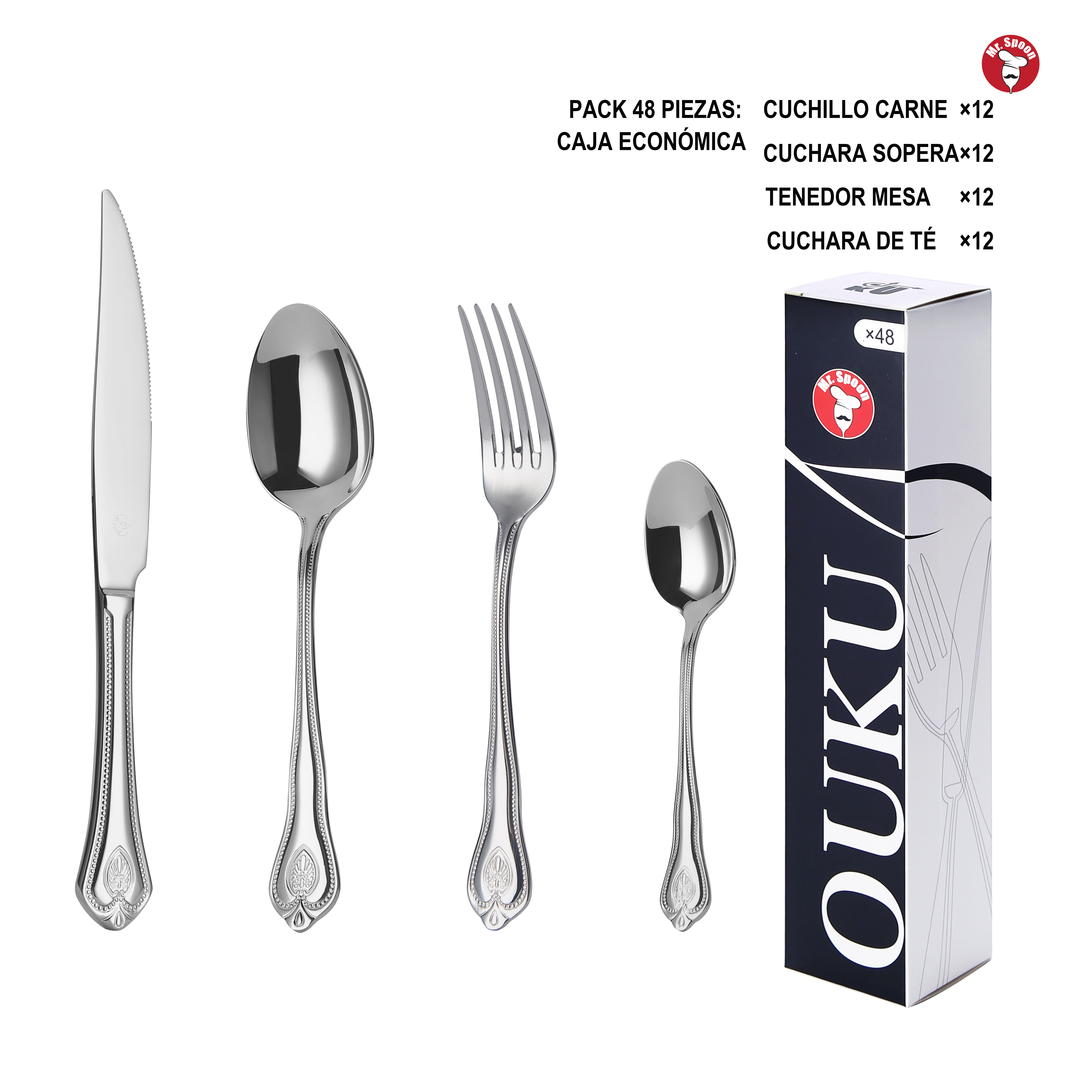 Mr.Spoon Serie Hielo Juego de 24 a 48 piezas cubiertos, Acero inox 18/10 ,Alta calidad y acabado.Incluye cuchillo de carne o mesa,tenedor,cuchara y cucharilla. Diseño moderno y elegante, apto para lavavajillas. Empaque ecológico o caja simple