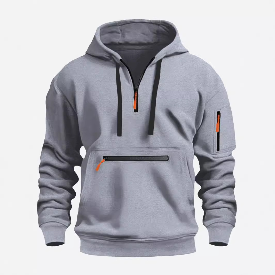 TK Sudadera con capucha cálida de terciopelo y cremallera multibolsillos de moda deportiva informal de otoño e invierno para hombre