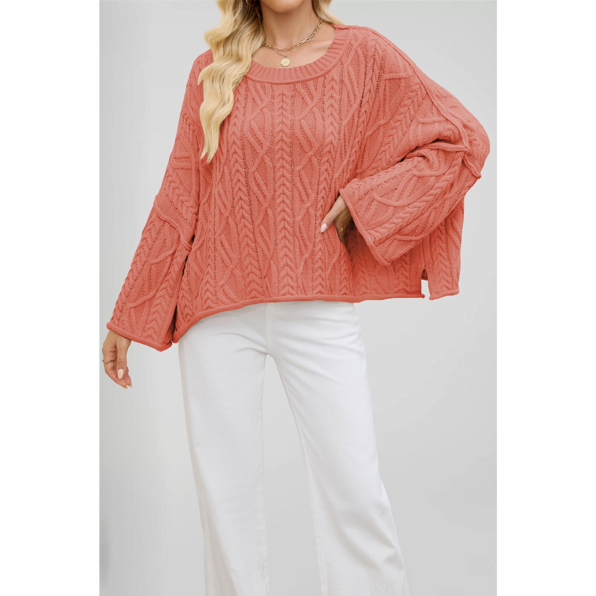 TK Suéter de punto suelto de color liso con cuello redondo y cable corto para mujer de otoño/invierno