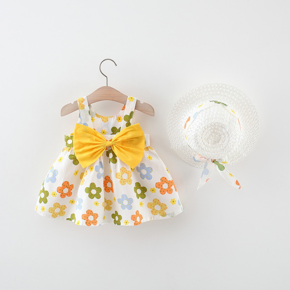 OmHO Ropa De Bebé Para Verano Vestido De Playa De Algodón Con Suspensión Para Niña + Sombrero De Sol Vestido De Princesa 2 Piezas