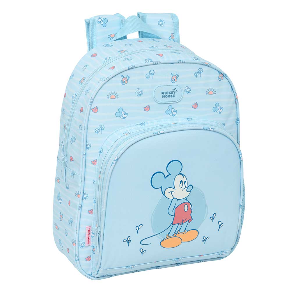 SAFTA | Mochila Escolar Disney Mickey Mouse Adaptable a Carro (Sin Carro) Infantil, Hombreras Ergonómicas y Acolchadas, Bolsillo Frontal Grande y Portabotellas, Asa Superior, Azul Celeste, Talla Única