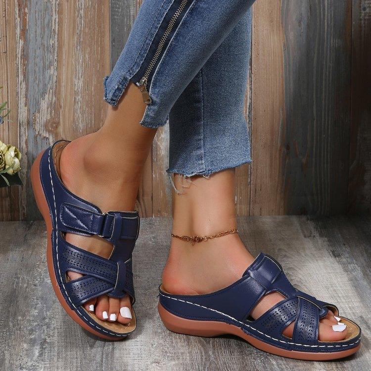Zapatos de Verano de gran tamaño, informales, retro, Con cuña y Gruesa Suela, de cuero de una sola Línea, para Mujer, zapatillas de moda