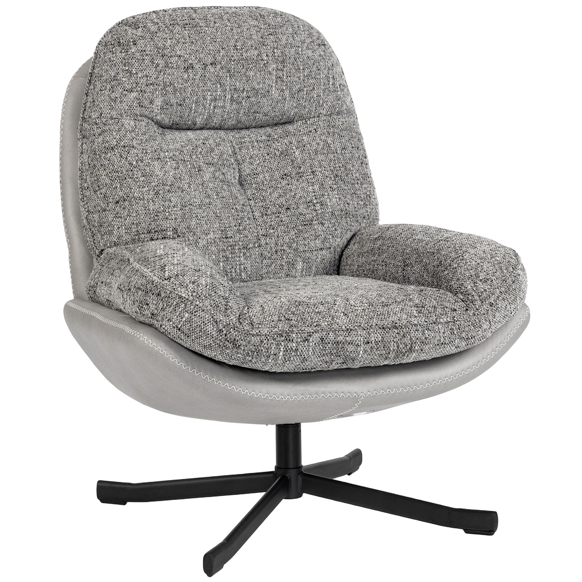 HOMCOM Sillón Giratorio Moderno, Butaca de Salón con Base Cruz, Tapizado en Chenilla y Cuero PU, Asiento Ancho Doble, Patas de Acero y Reposabrazos, Sillón Relax para Sala de Estar, Dormitorio, Gris
