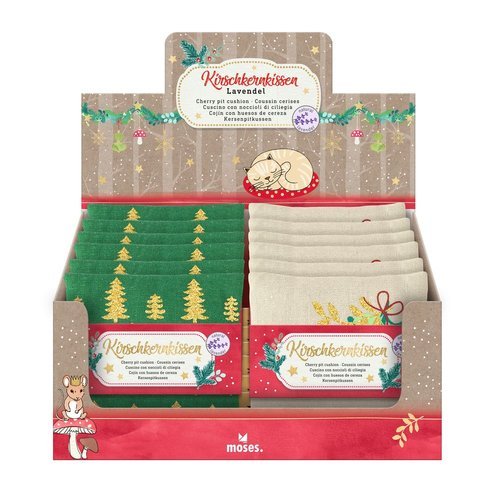 MOSES EXPOSITOR 12 MINI COJINES CON HUESOS DE CEREZA NAVIDAD CAJA:12 unidades  NAVIDAD 9x9x1 Cms.