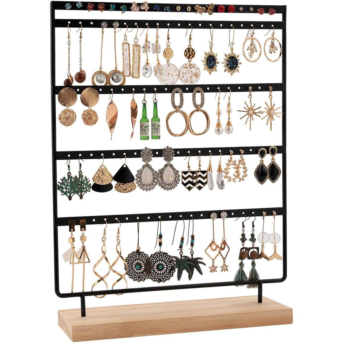 Sieradenorganizer, 100 vakjes, oorbellenorganizer, metaal, 5 lagen met houten voet, 35 x 26,5 cm, Zwart.