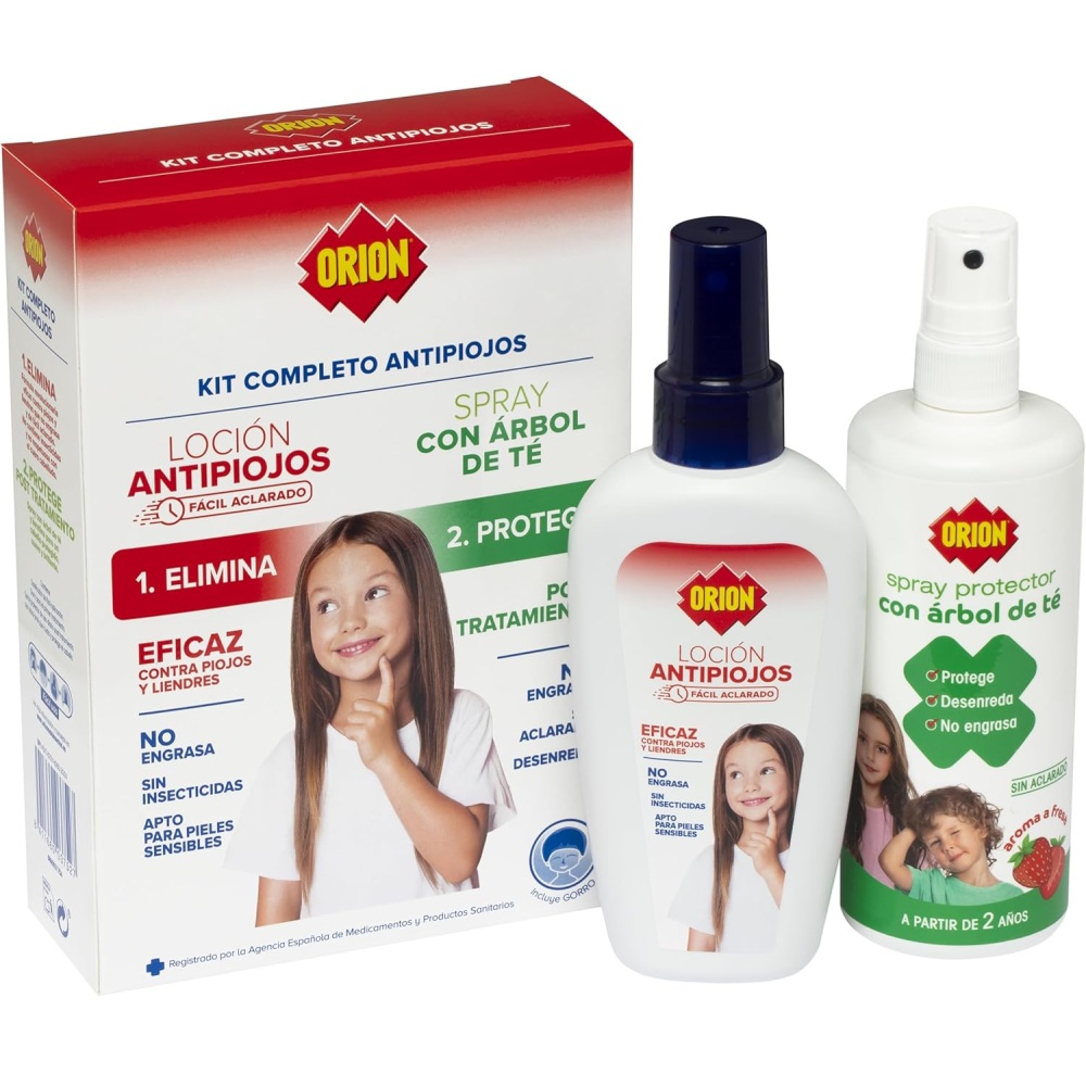 Orion - Kit Antipiojos Completo: Loción 100ml + Spray Protector 200ml, Elimina Piojos y Liendres en 10 Minutos, con Dimeticona y Árbol de Té, Sin Insecticidas, Apto para Pieles Sensibles