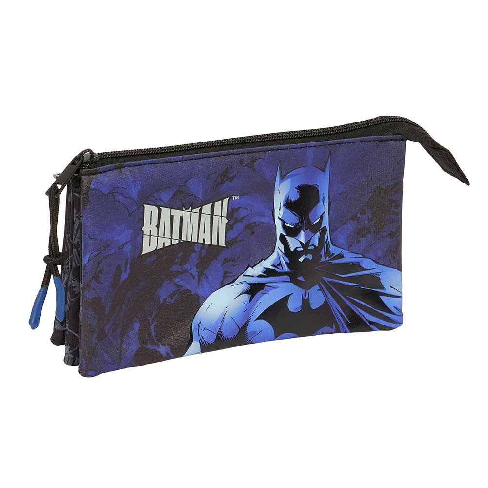 SAFTA | Plumier Triple Batman, 37 Piezas, Portatodo Escolar Organizador con 3 Compartimentos y Cremallera, Incluye Rotuladores, 16 Lápices de Colores, Regla y Semicírculo